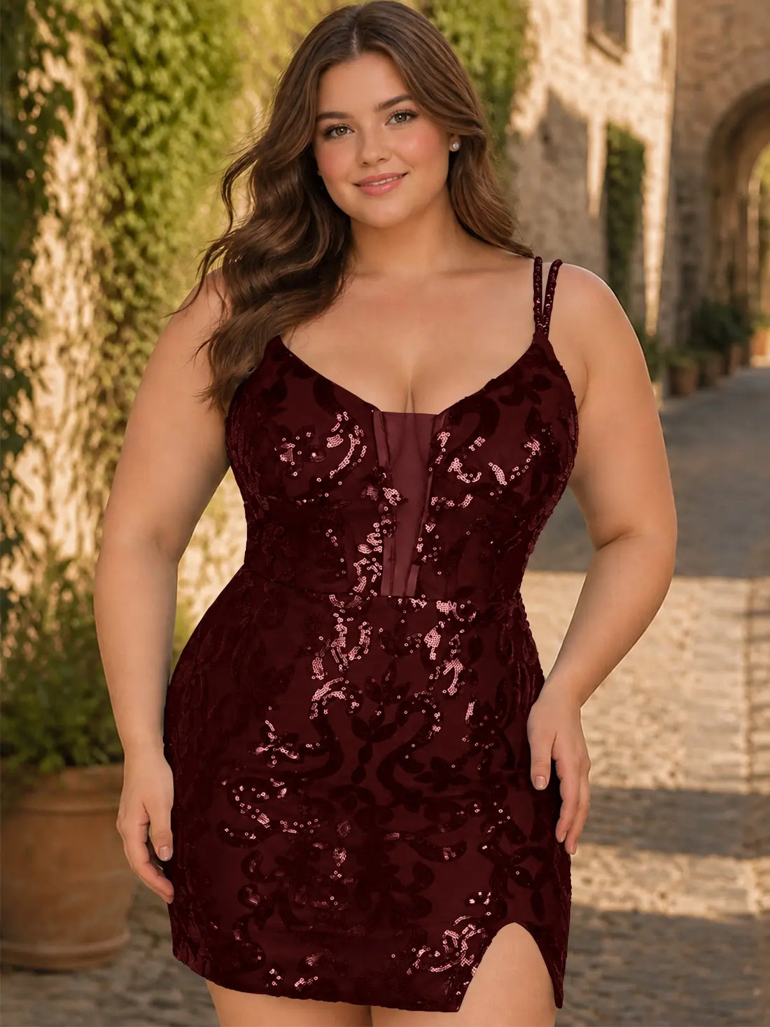 Double Spaghetti Bodycon Mini Dress-Plus Size 