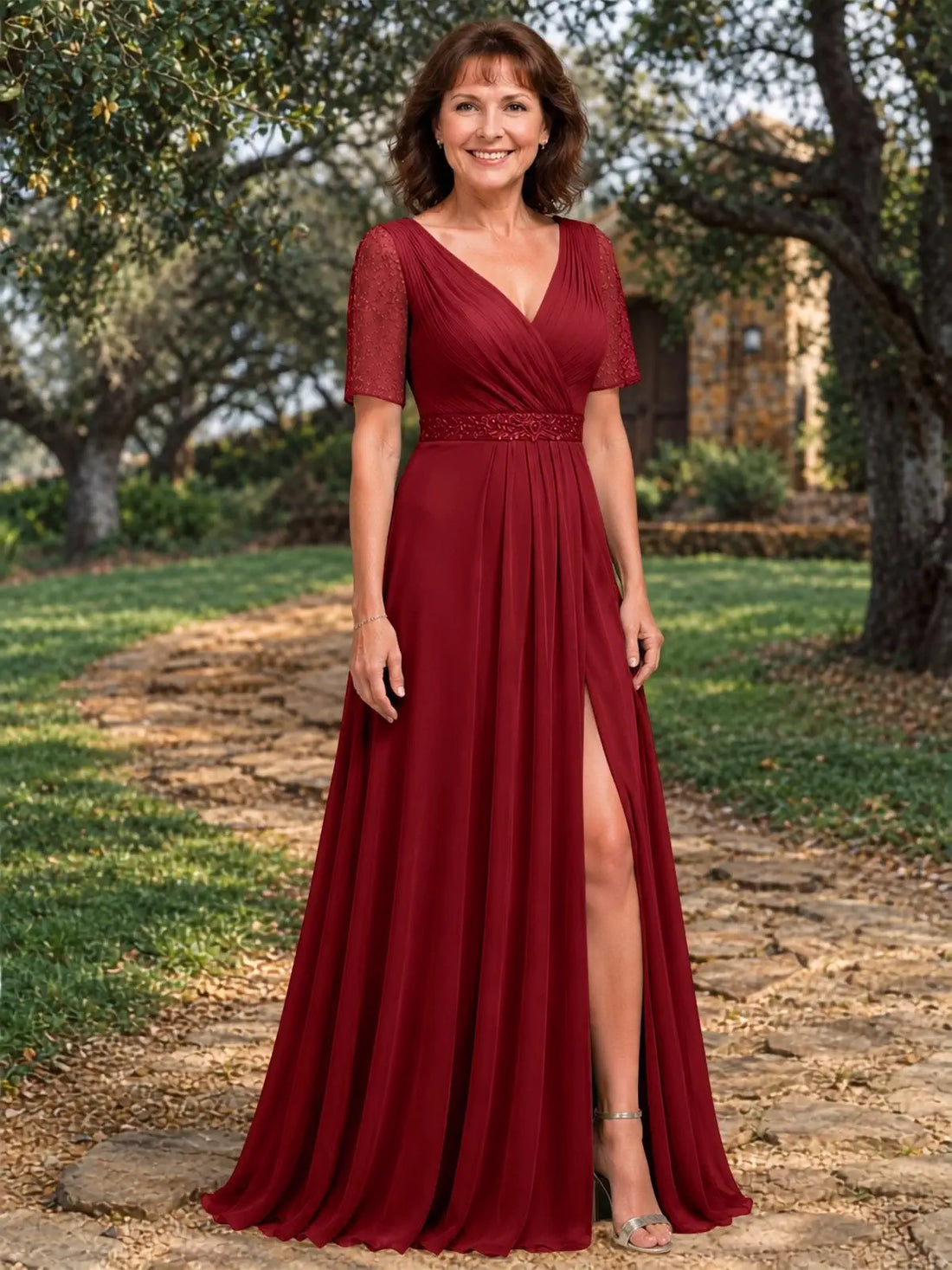 Surplice Neckline Mother of the Bride Dress with Slit 
