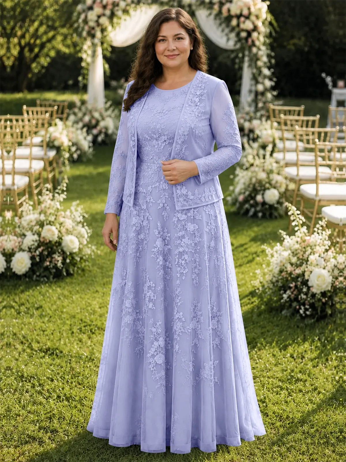 Two-Piece Lace Mother of the Bride Dress with Long Sleeves-Plus Size 