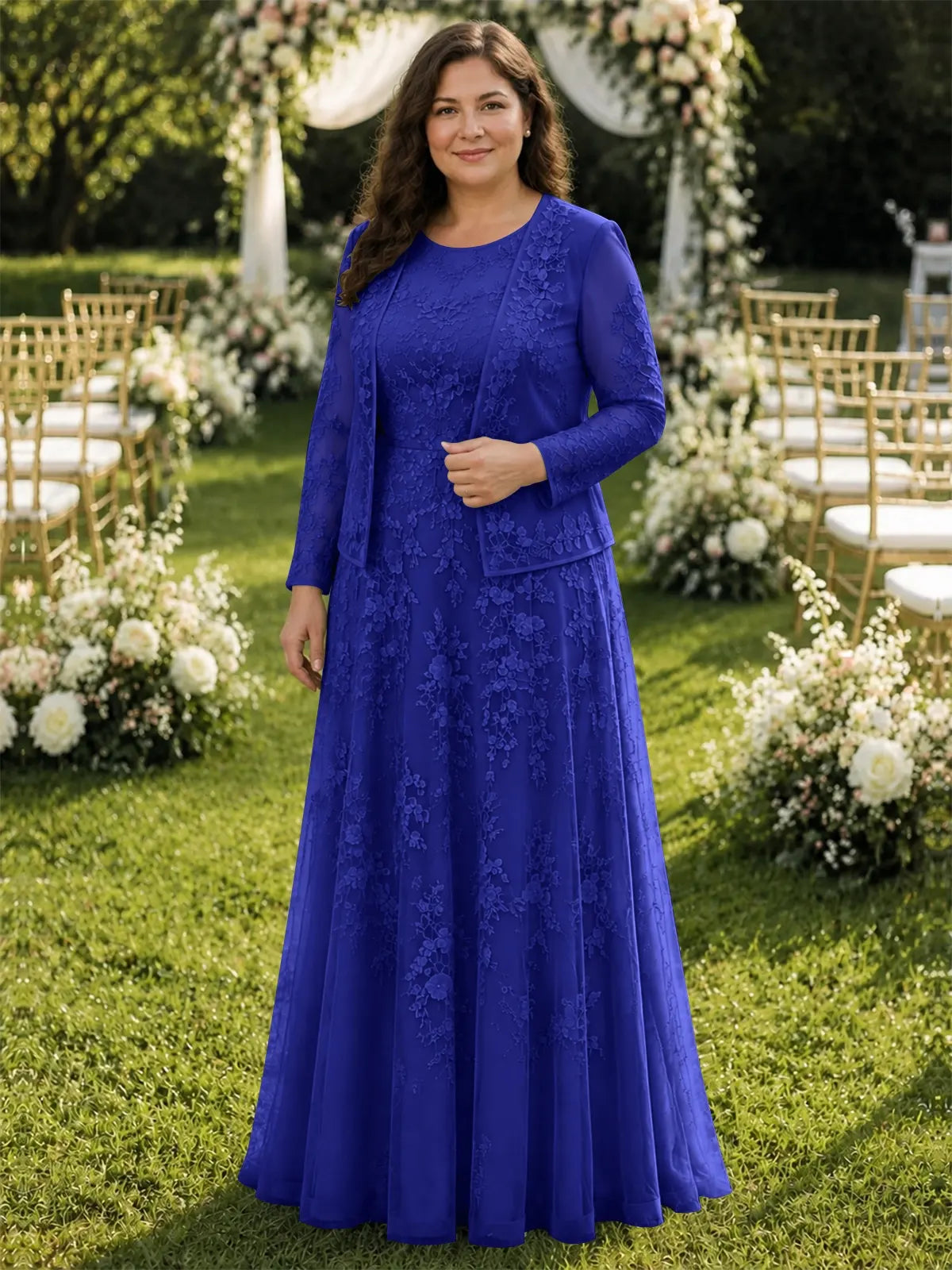 Two-Piece Lace Mother of the Bride Dress with Long Sleeves-Plus Size 