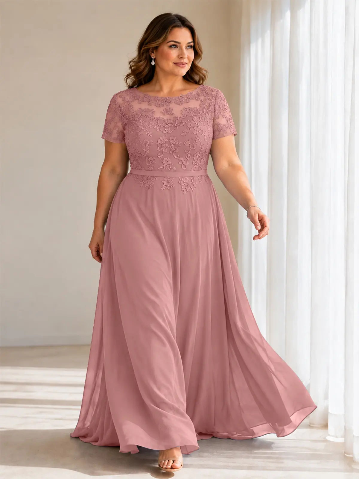 Illusion Applique Chiffon Dress-Plus Size 