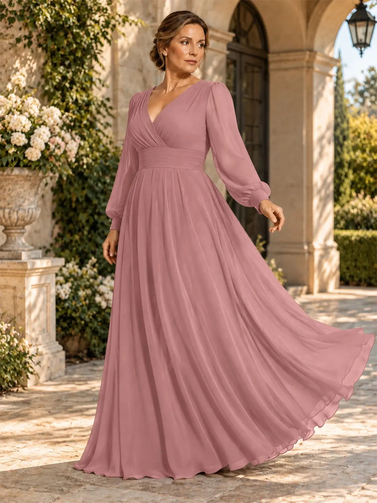 Chiffon Mother of the Bride Dress with Long Sleeves-Plus Size 