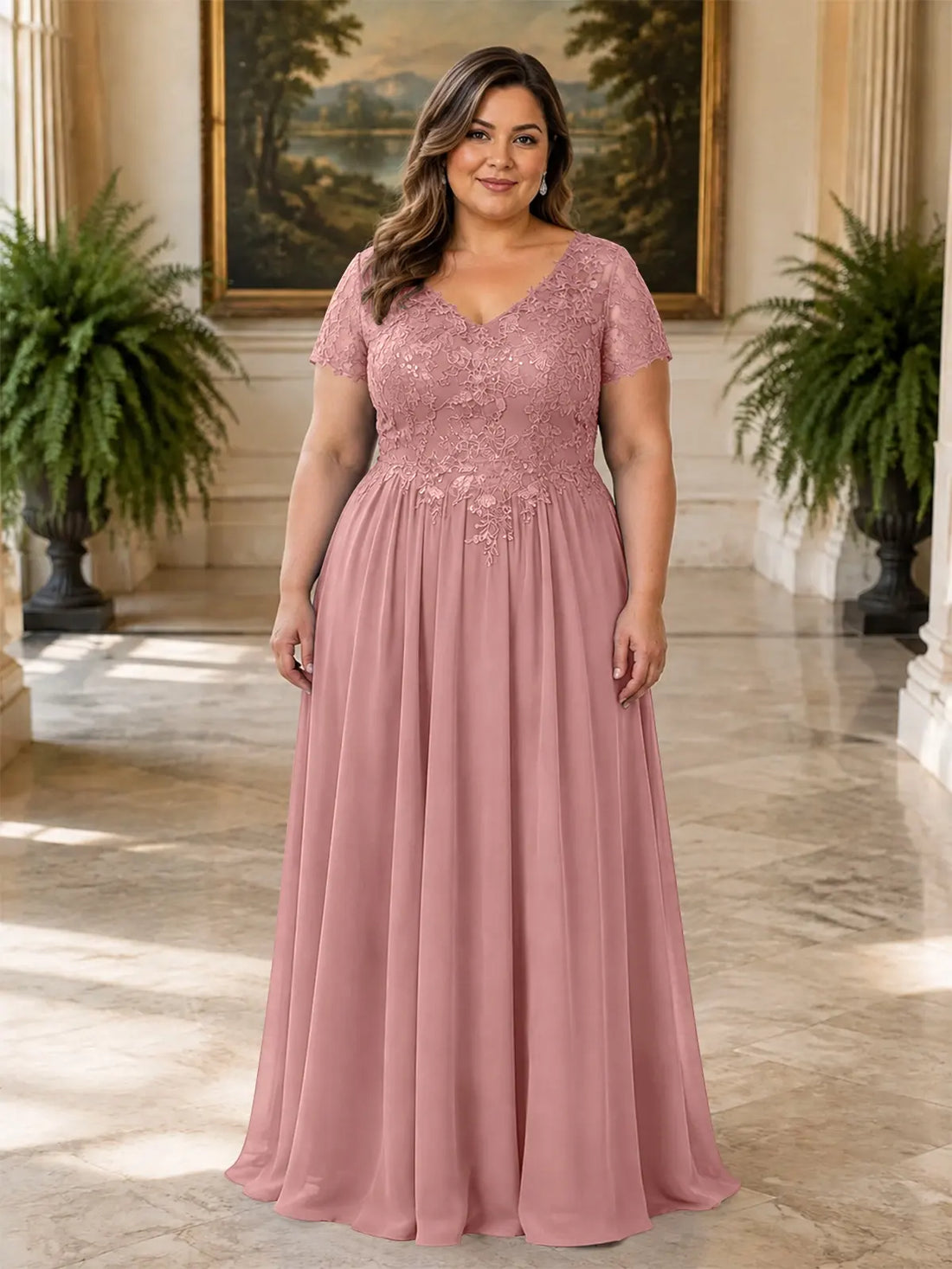 Short Sleeves Chiffon Dress-Plus Size 