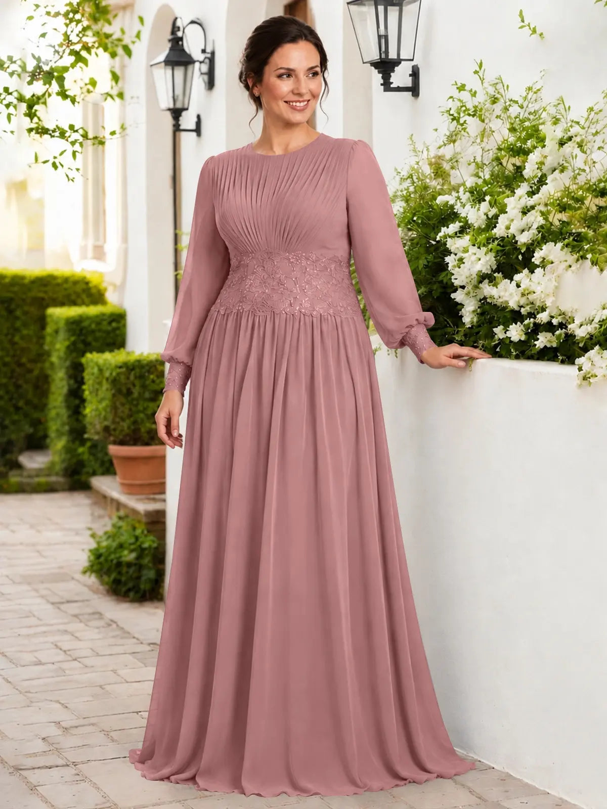 Chiffon Mother of the Bride Dress with Jewel Neckline-Plus Size 