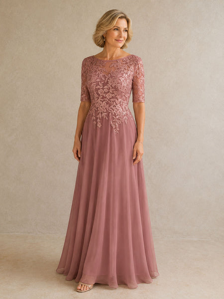 Applique Half Sleeves Chiffon Dress 