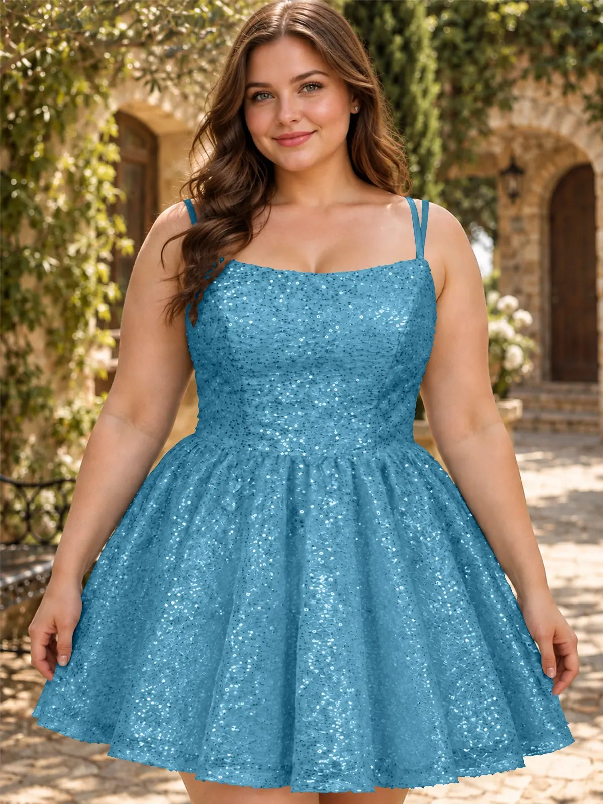 Sparkly Sequined A-line Mini Dress-Plus Size 