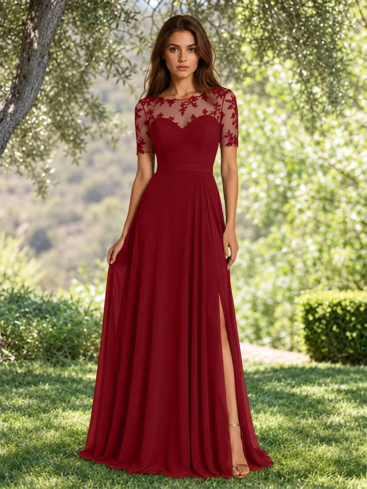 Lace Mother of the Bride Dress with Illusion Neckline 