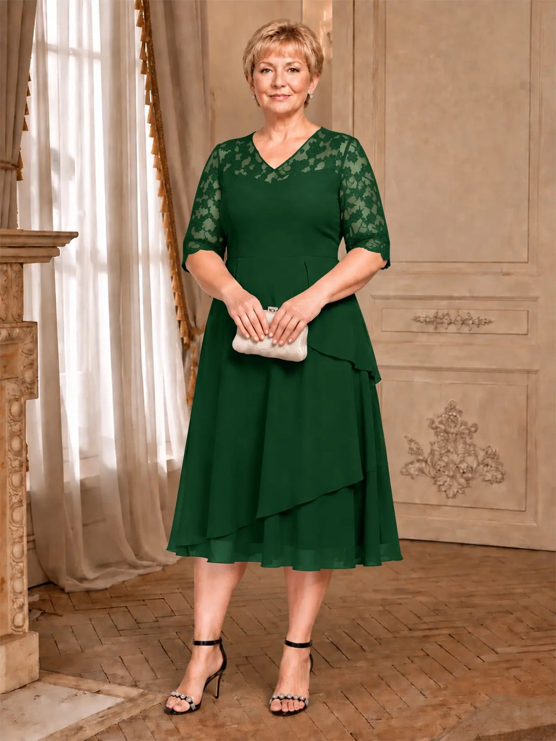 A-line Mother of the Bride Dress with Lace Sleeves-Plus Size 
