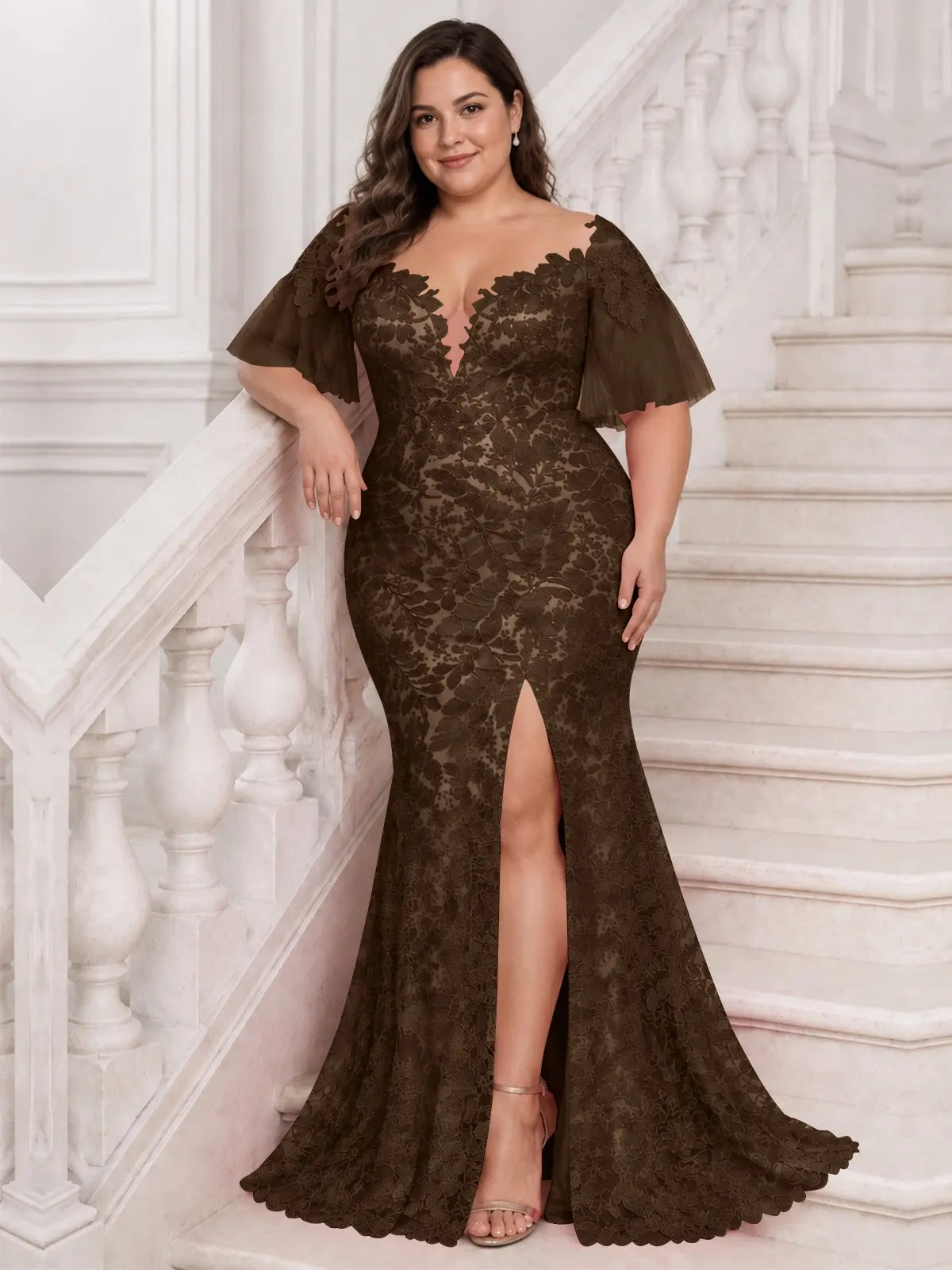 Mermaid Mother of the Bride Dress with V-neck-Plus Size 