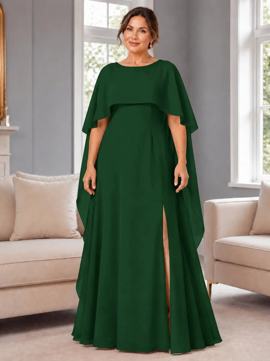 Chiffon Mother of the Bride Dress with Cape Overlay-Plus Size 