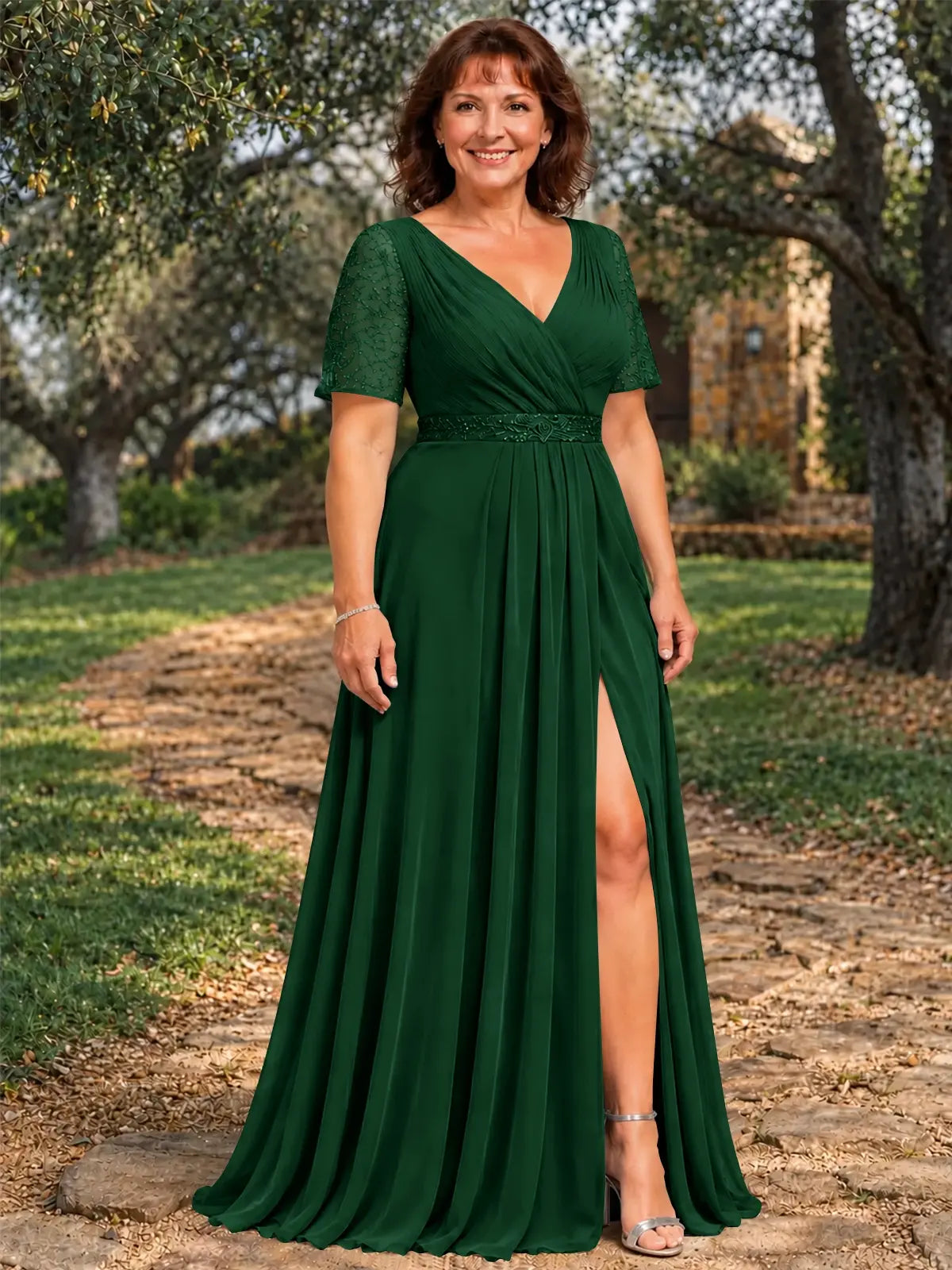 Surplice Neckline Mother of the Bride Dress with Slit-Plus Size 