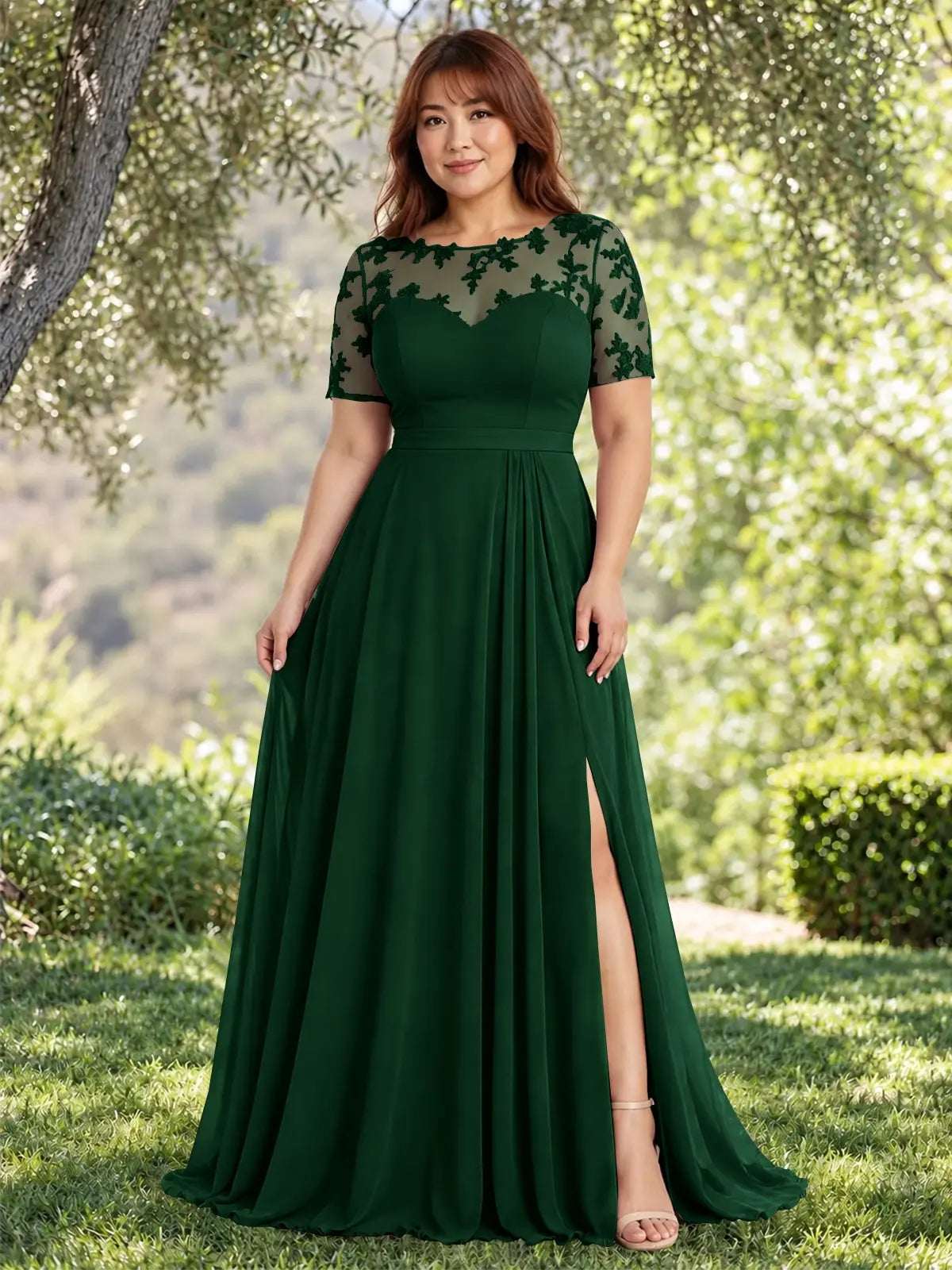 Lace Mother of the Bride Dress with Illusion Neckline-Plus Size 