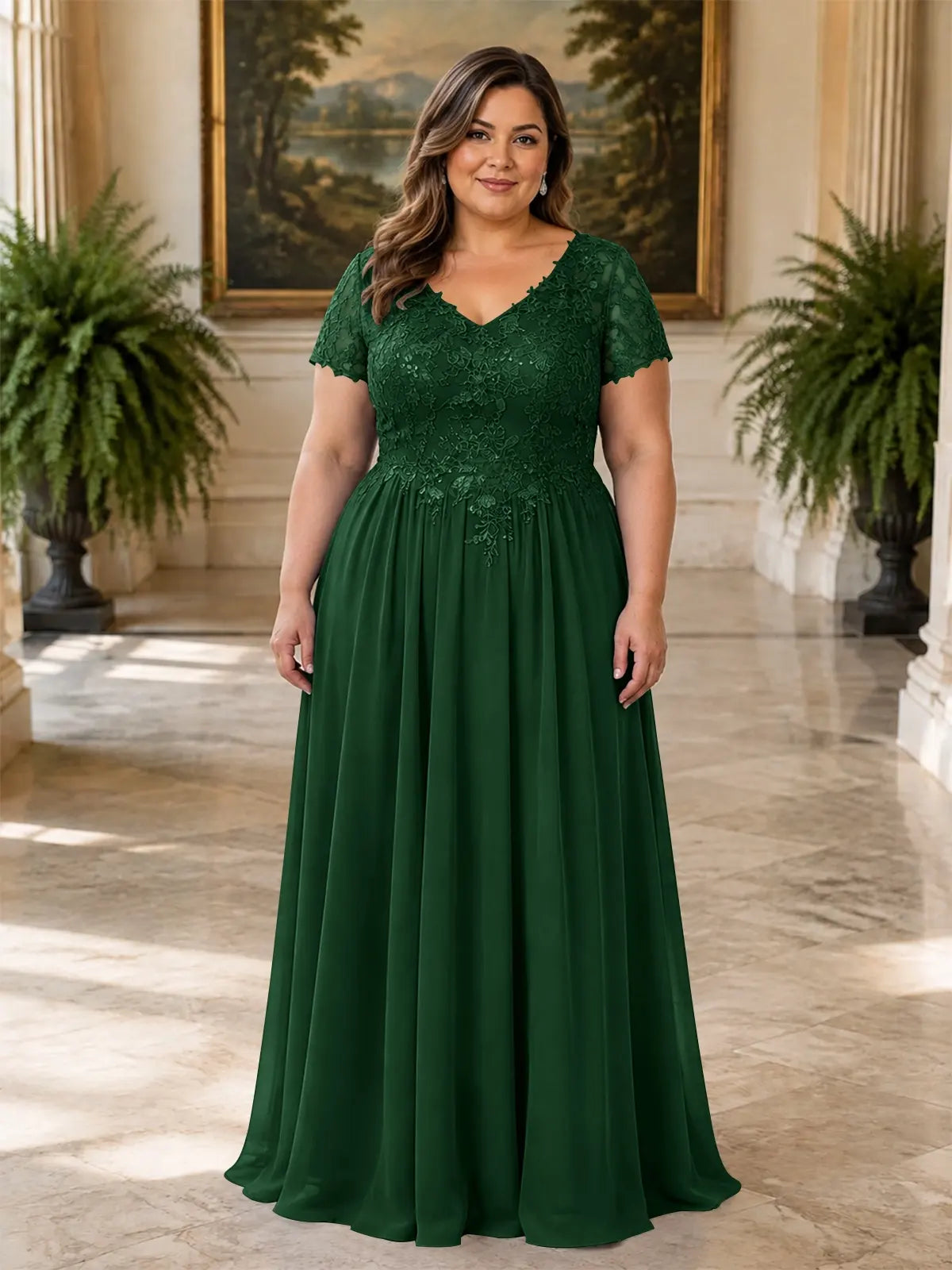 Short Sleeves Chiffon Dress-Plus Size 