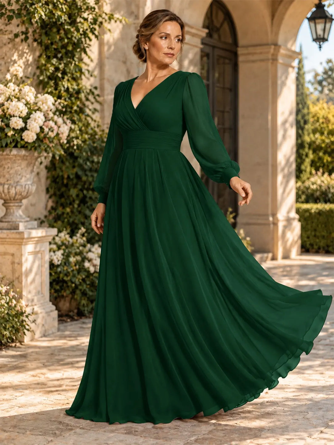 Chiffon Mother of the Bride Dress with Long Sleeves-Plus Size 