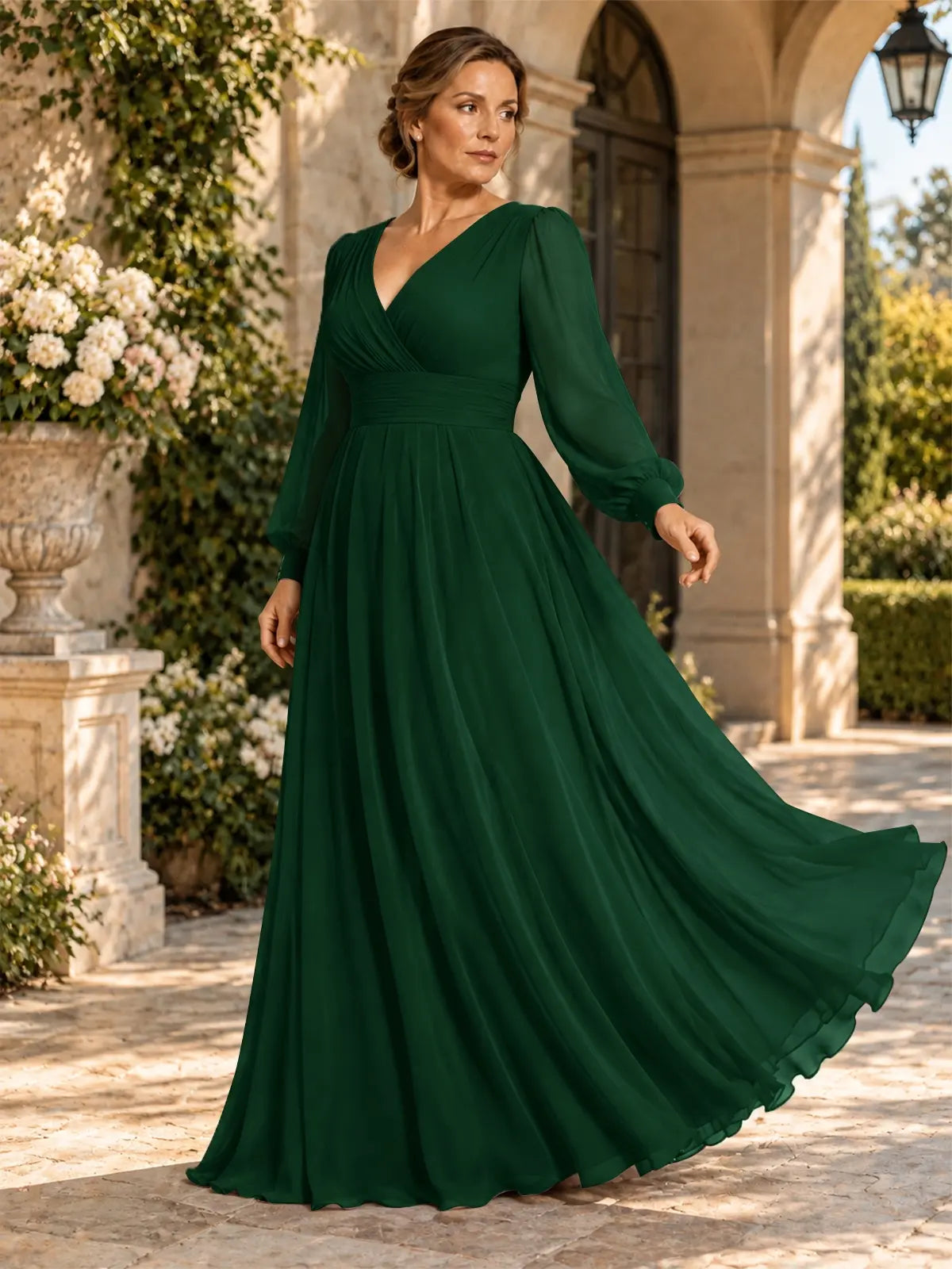Chiffon Mother of the Bride Dress with Long Sleeves-Plus Size 