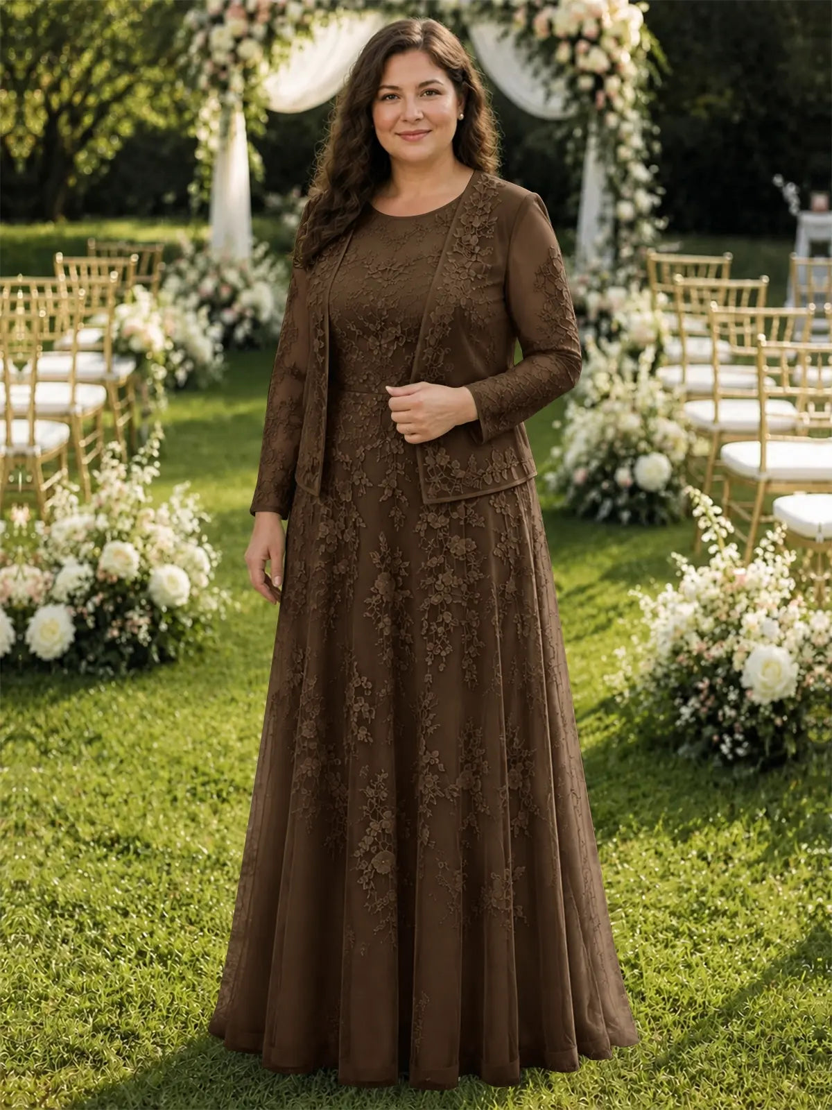 Two-Piece Lace Mother of the Bride Dress with Long Sleeves-Plus Size 