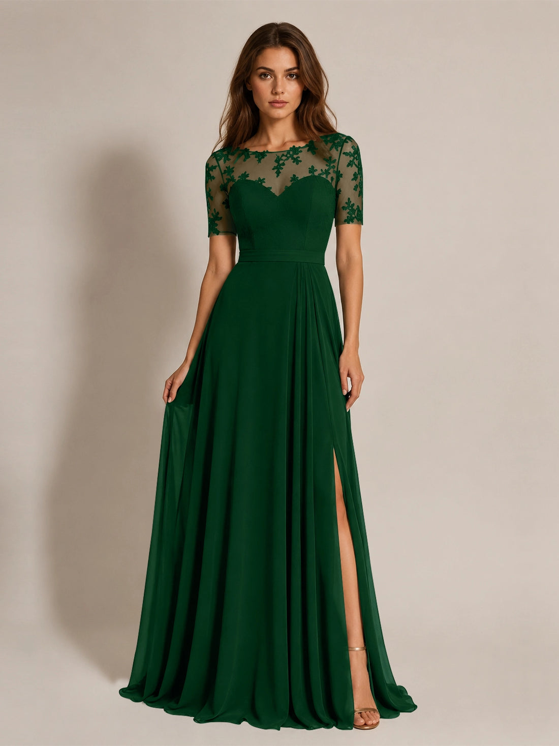 Lace Mother of the Bride Dress with Illusion Neckline 