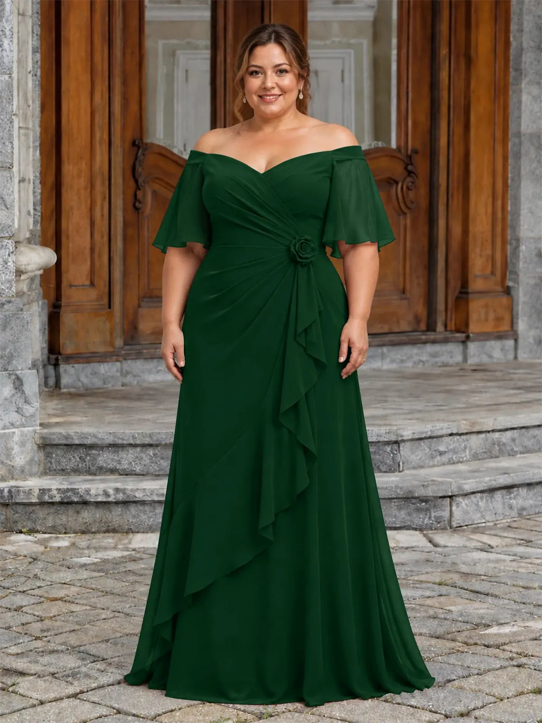 Chiffon Mother of the Bride Dress with 3D Rosette-Plus Size 