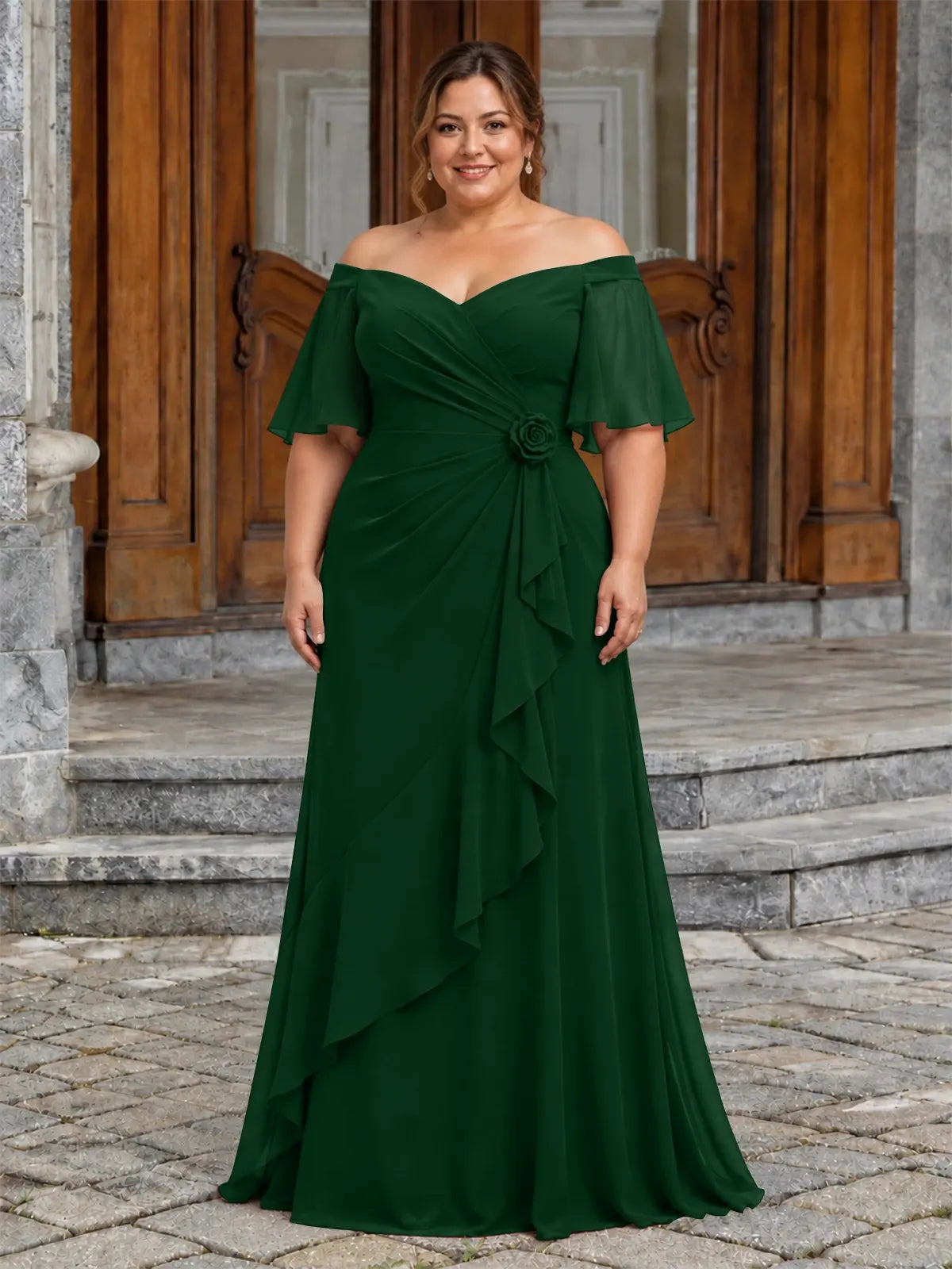 Chiffon Mother of the Bride Dress with 3D Rosette-Plus Size 