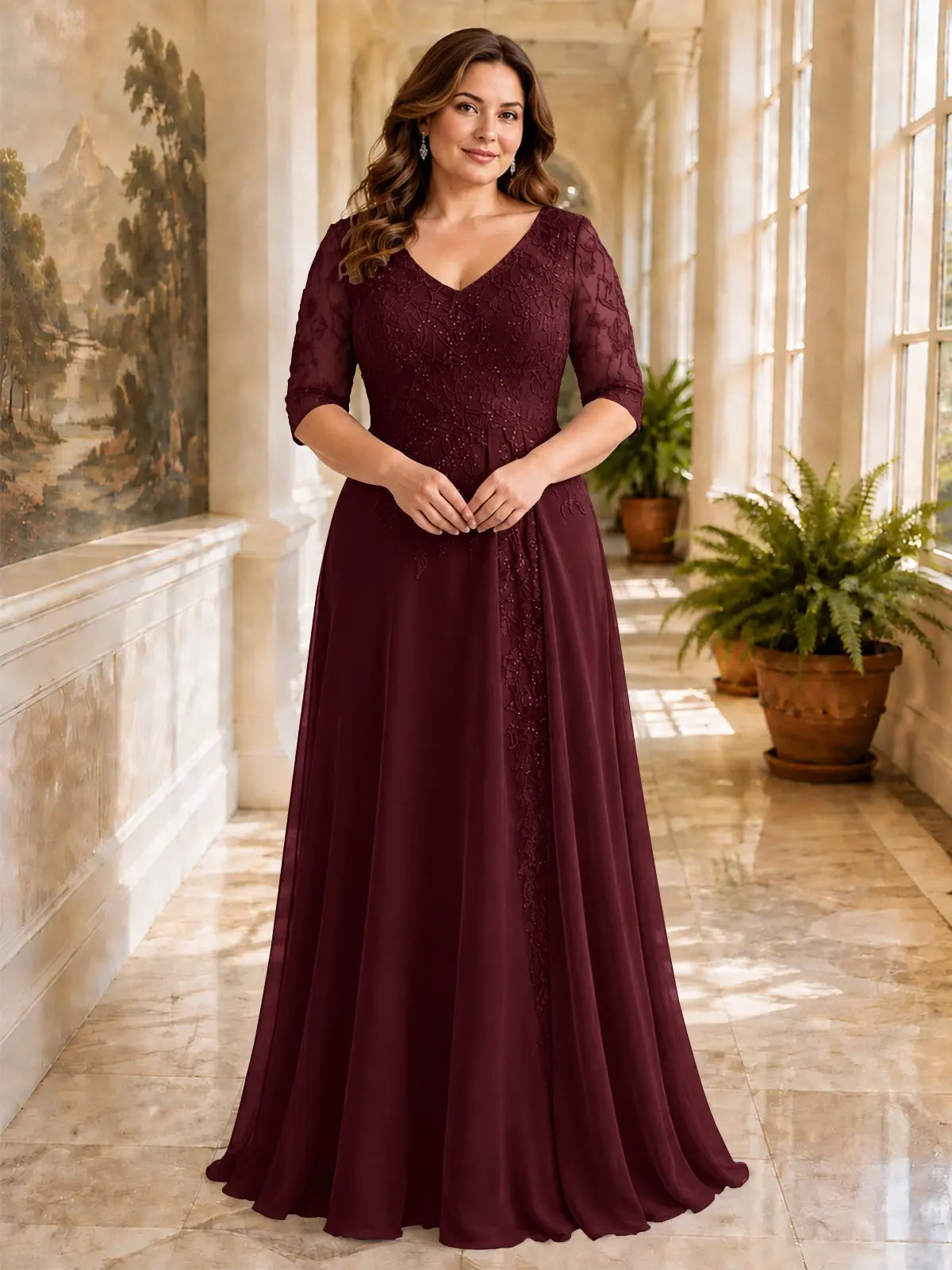Applique V-Neck Chiffon Dress-Plus Size 