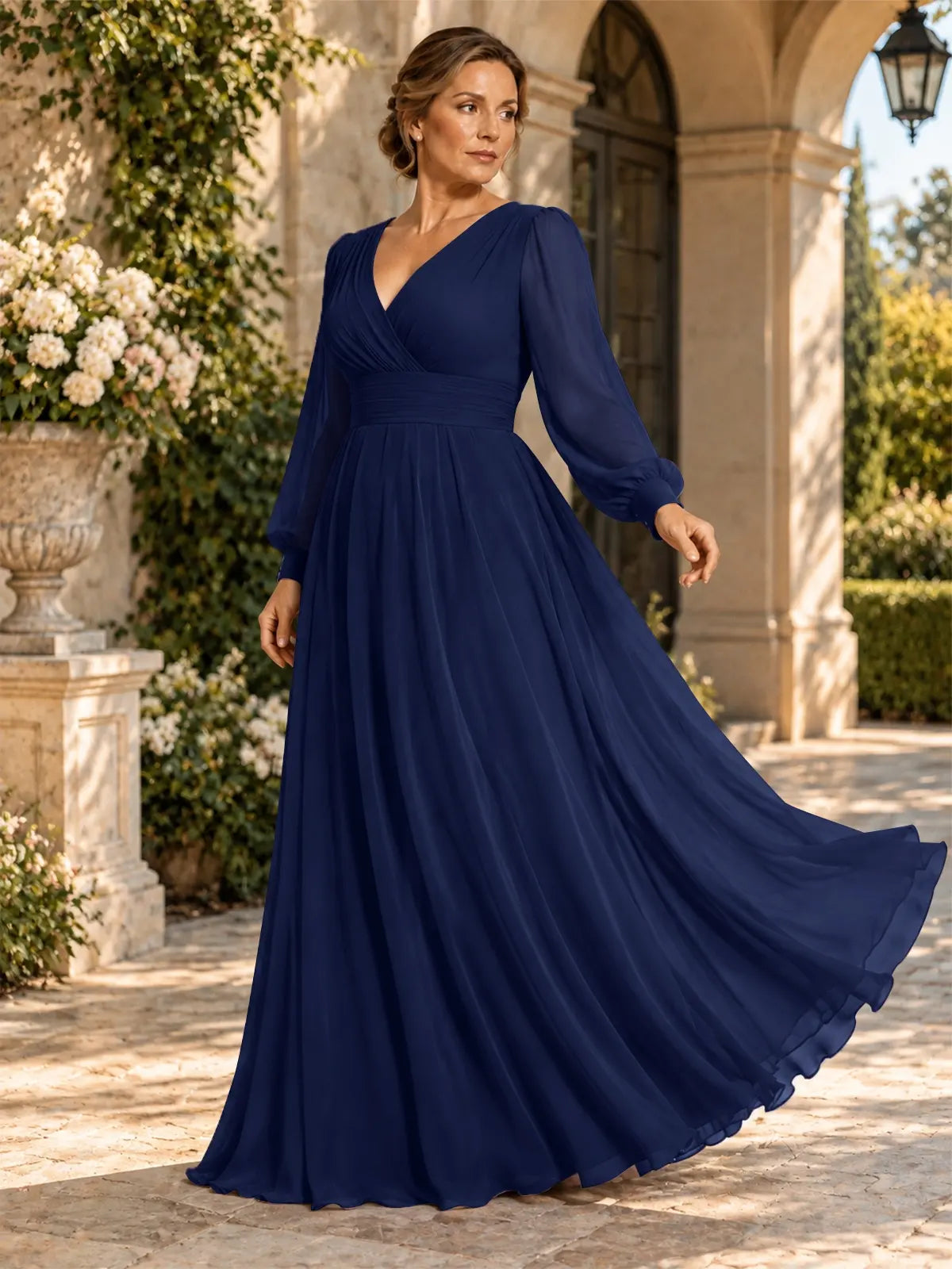 Chiffon Mother of the Bride Dress with Long Sleeves-Plus Size 