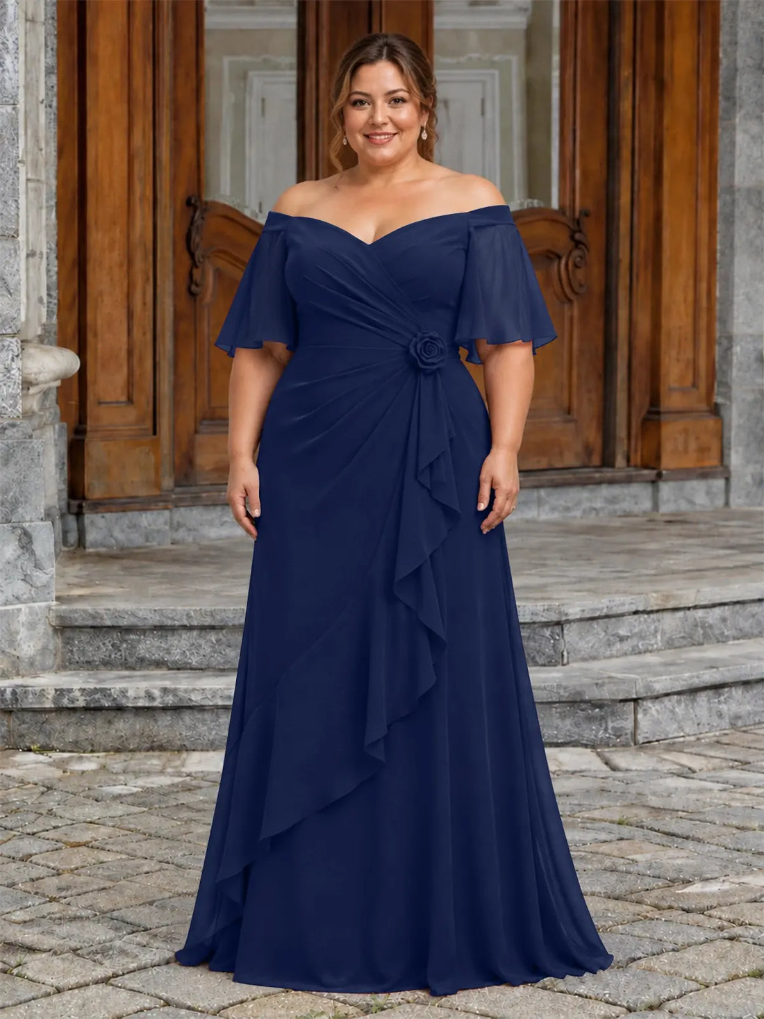 Chiffon Mother of the Bride Dress with 3D Rosette-Plus Size 