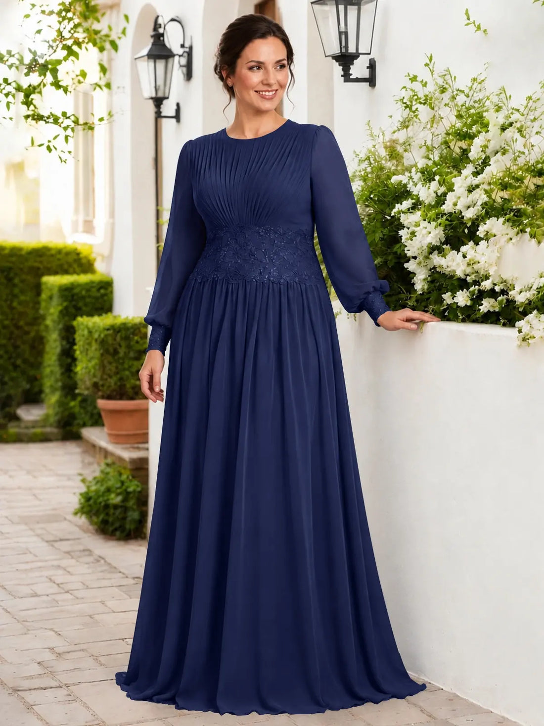 Chiffon Mother of the Bride Dress with Jewel Neckline-Plus Size 