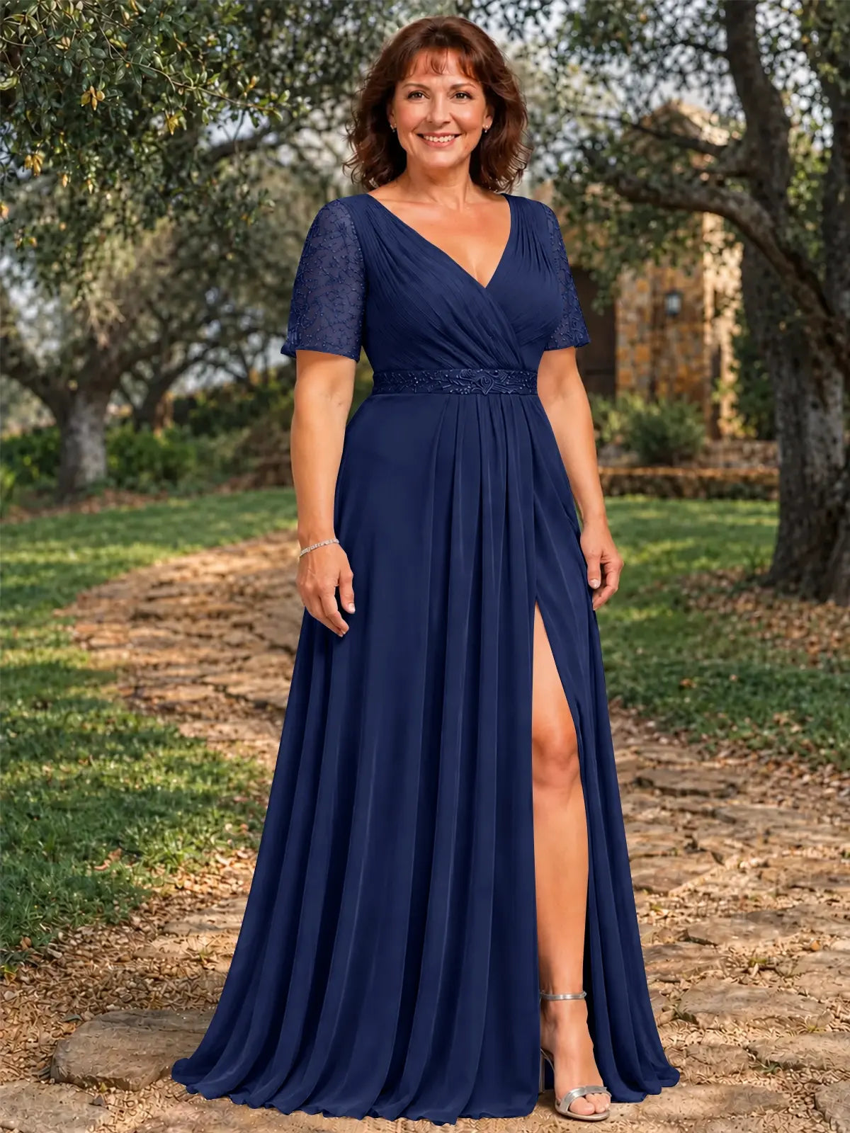 Surplice Neckline Mother of the Bride Dress with Slit-Plus Size 