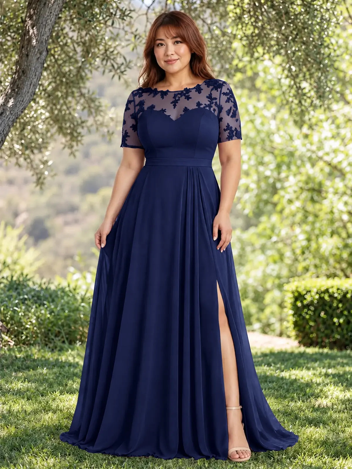 Lace Mother of the Bride Dress with Illusion Neckline-Plus Size 