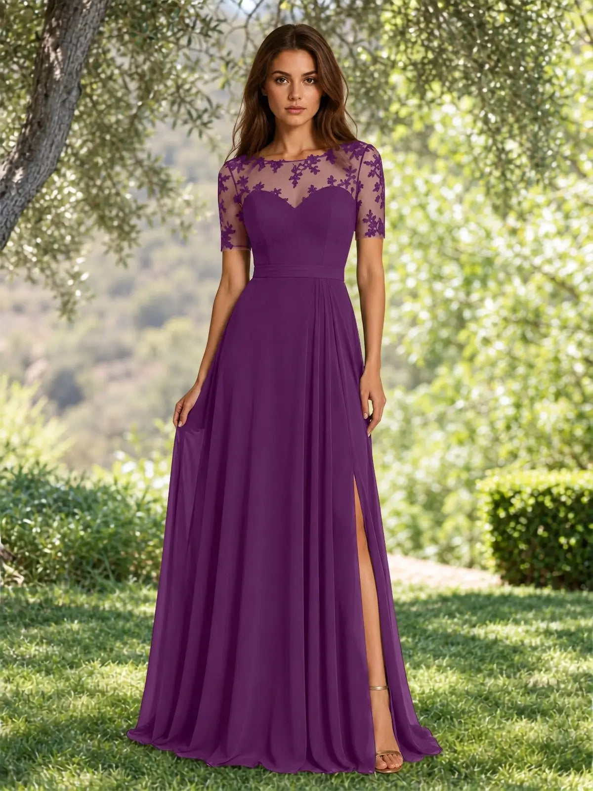 Lace Mother of the Bride Dress with Illusion Neckline 