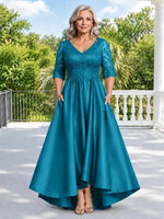 Satin Mother of the Bride Dress with Lace Sleeves-Plus Size 