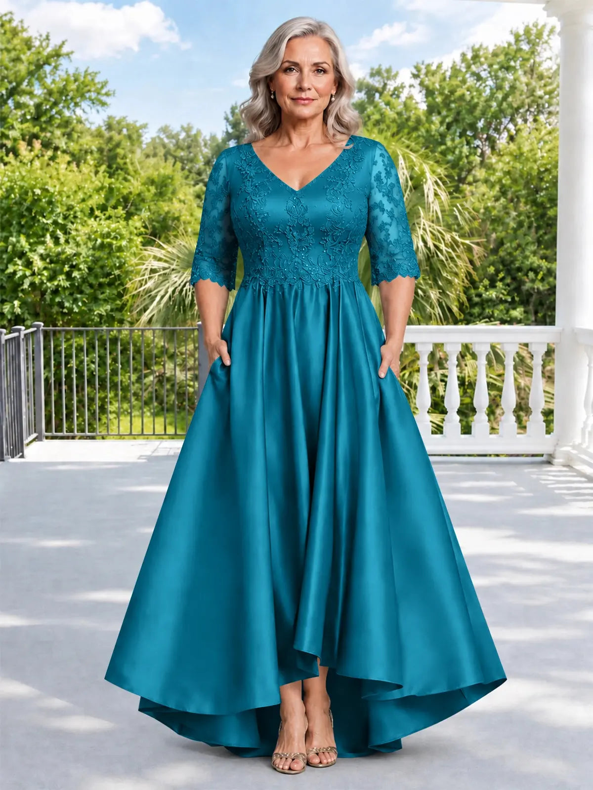 Satin Mother of the Bride Dress with Lace Sleeves-Plus Size 