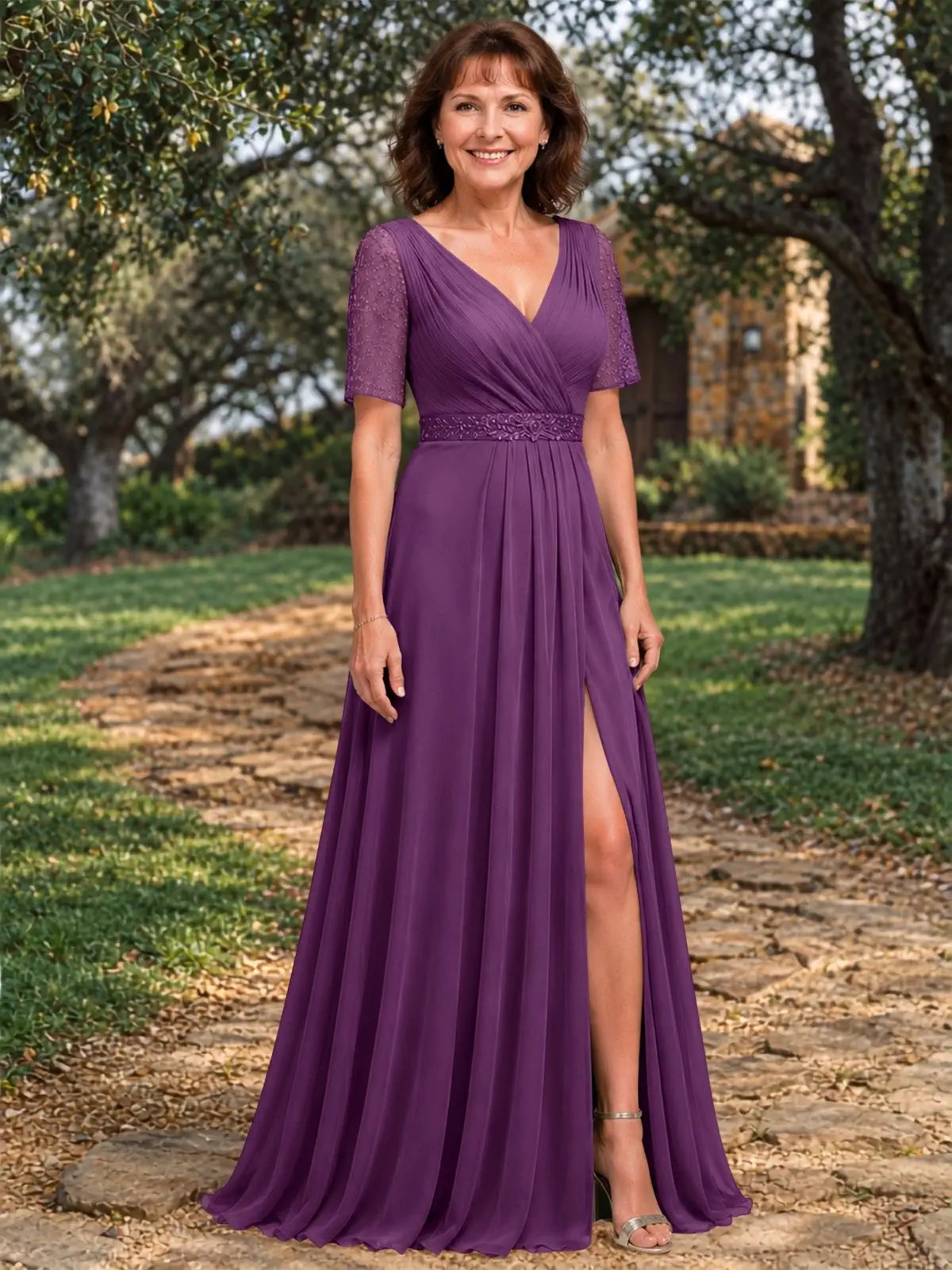 Surplice Neckline Mother of the Bride Dress with Slit 