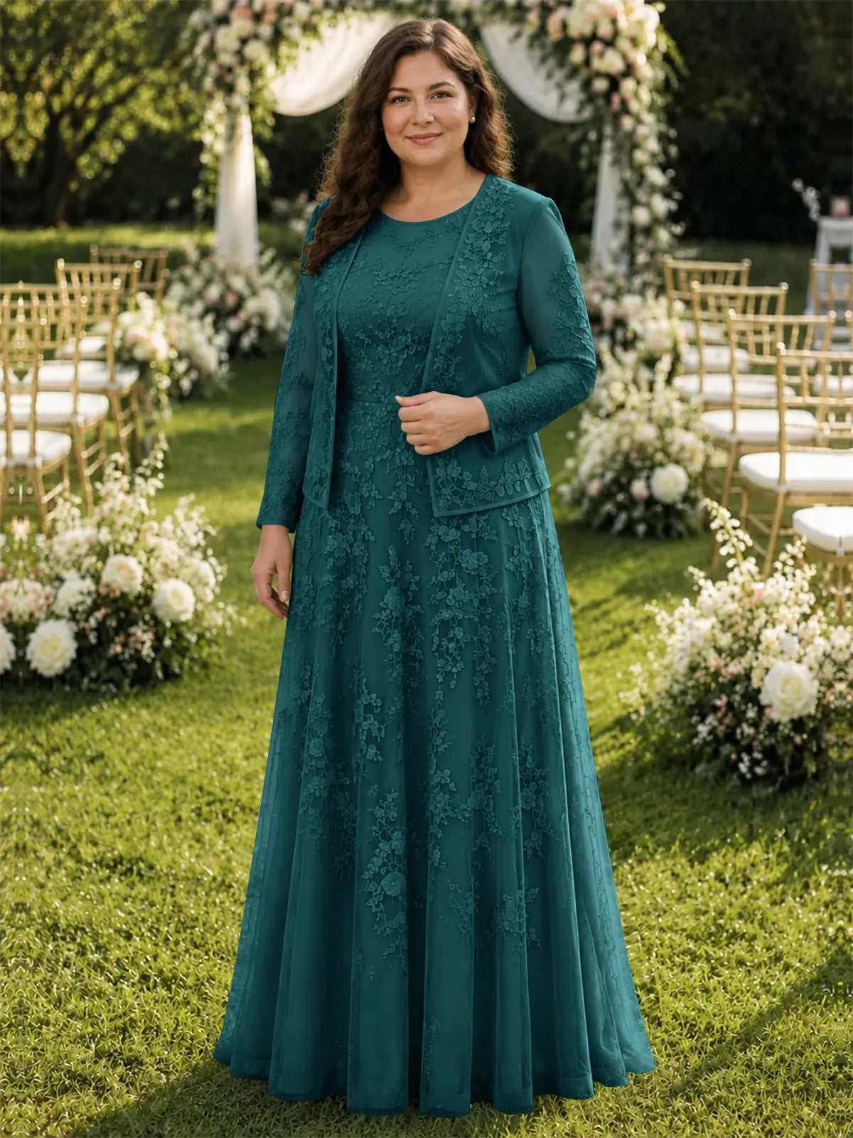 Two-Piece Lace Mother of the Bride Dress with Long Sleeves-Plus Size 