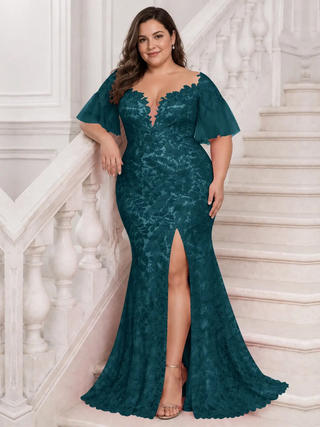 Mermaid Mother of the Bride Dress with V-neck-Plus Size 