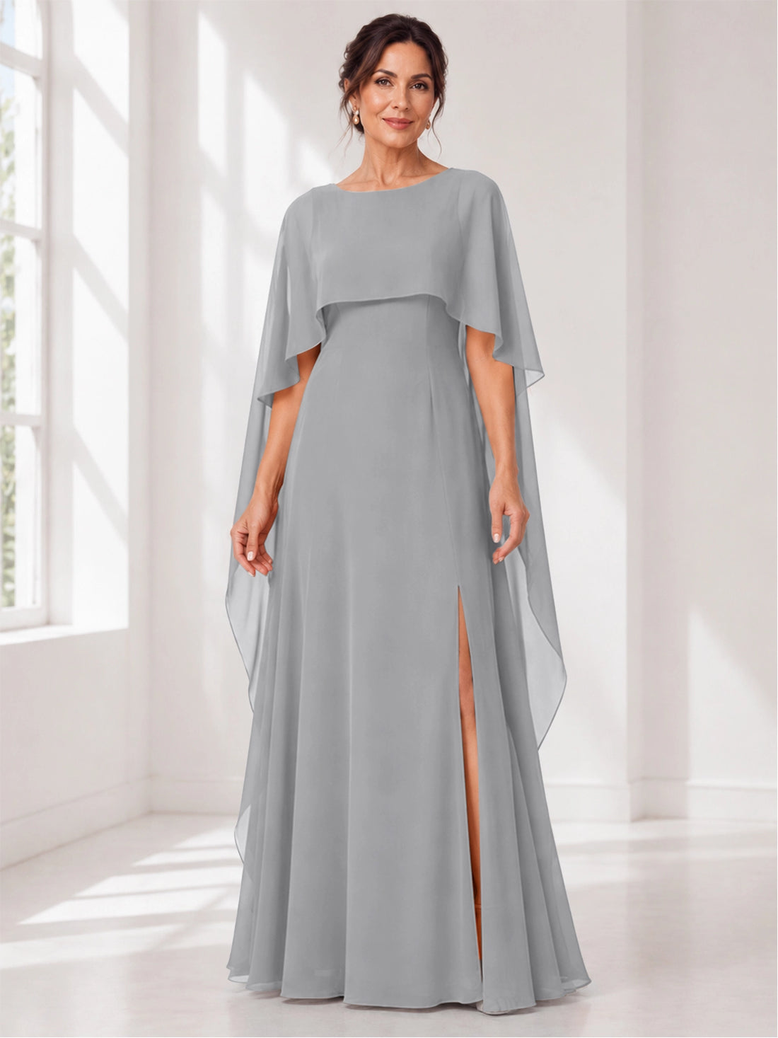 Chiffon Mother of the Bride Dress with Cape Overlay 