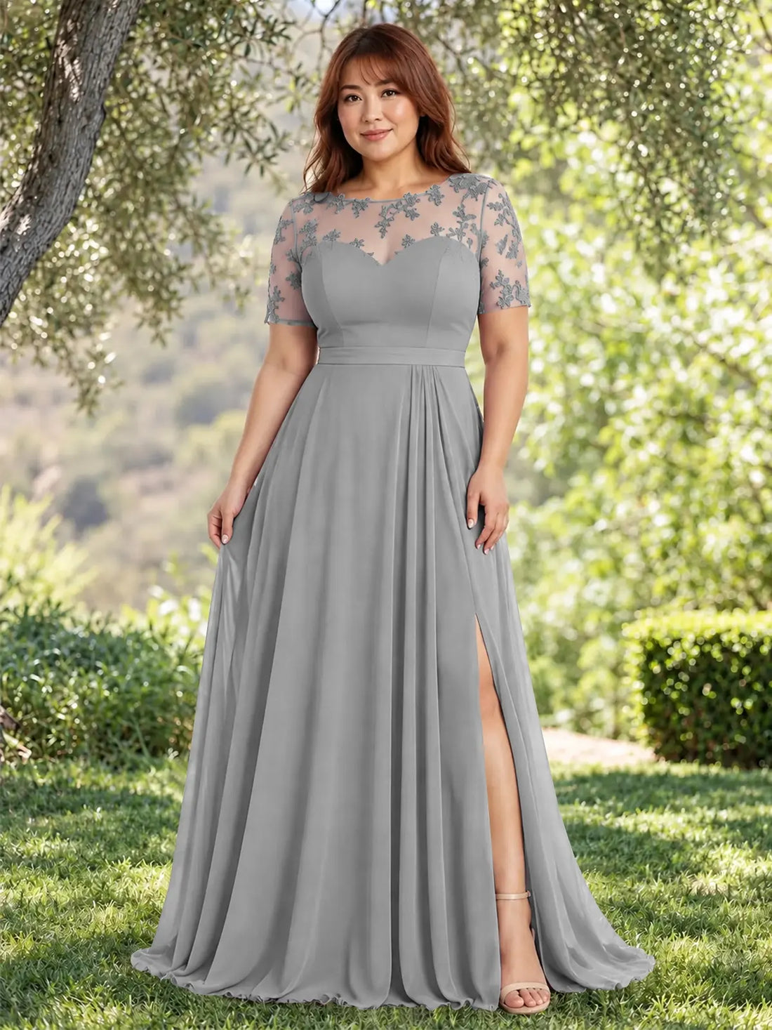 Lace Mother of the Bride Dress with Illusion Neckline-Plus Size 