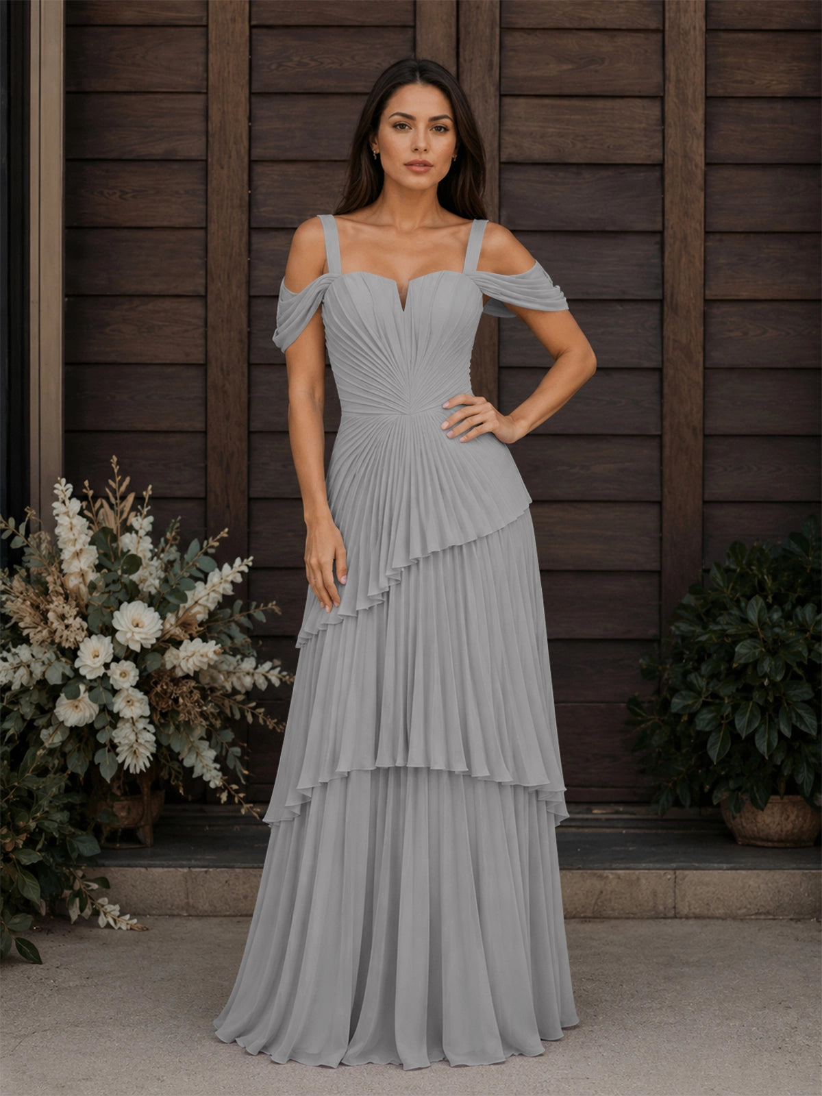 Chiffon Bridesmaid Dress with Cold-Shoulder 