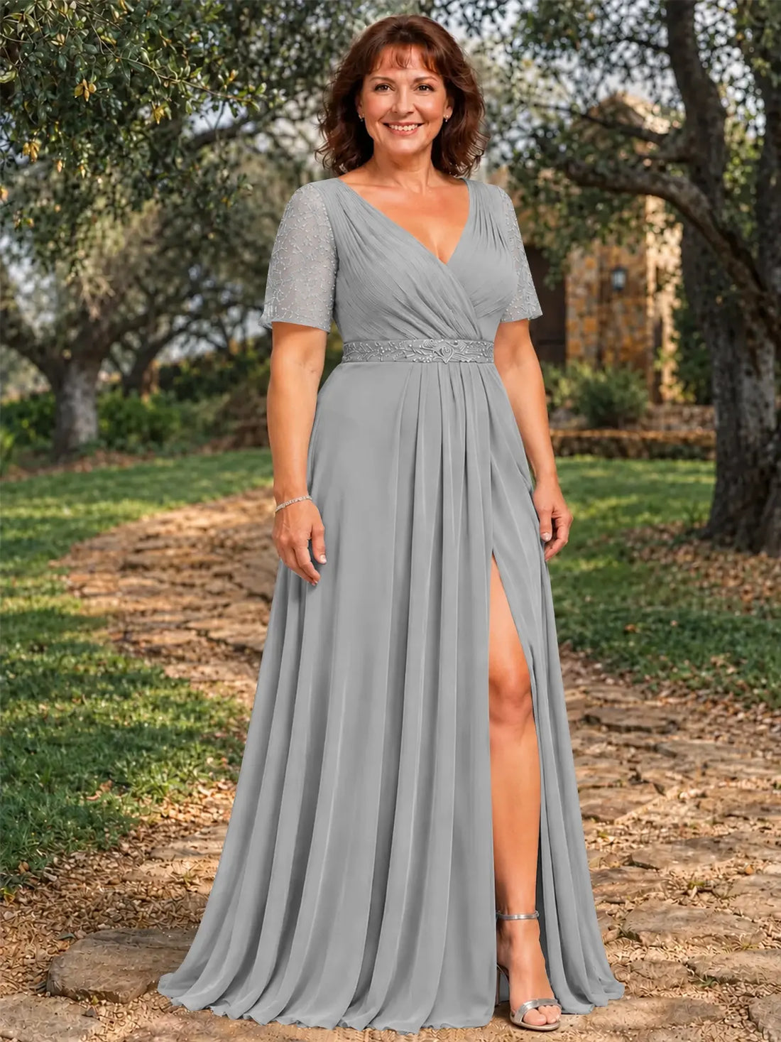 Surplice Neckline Mother of the Bride Dress with Slit-Plus Size 