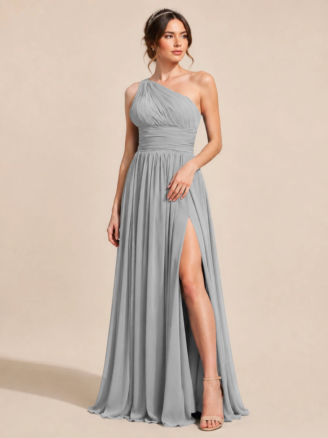 Chiffon Bridesmaid Dress with One-Shoulder Neckline 