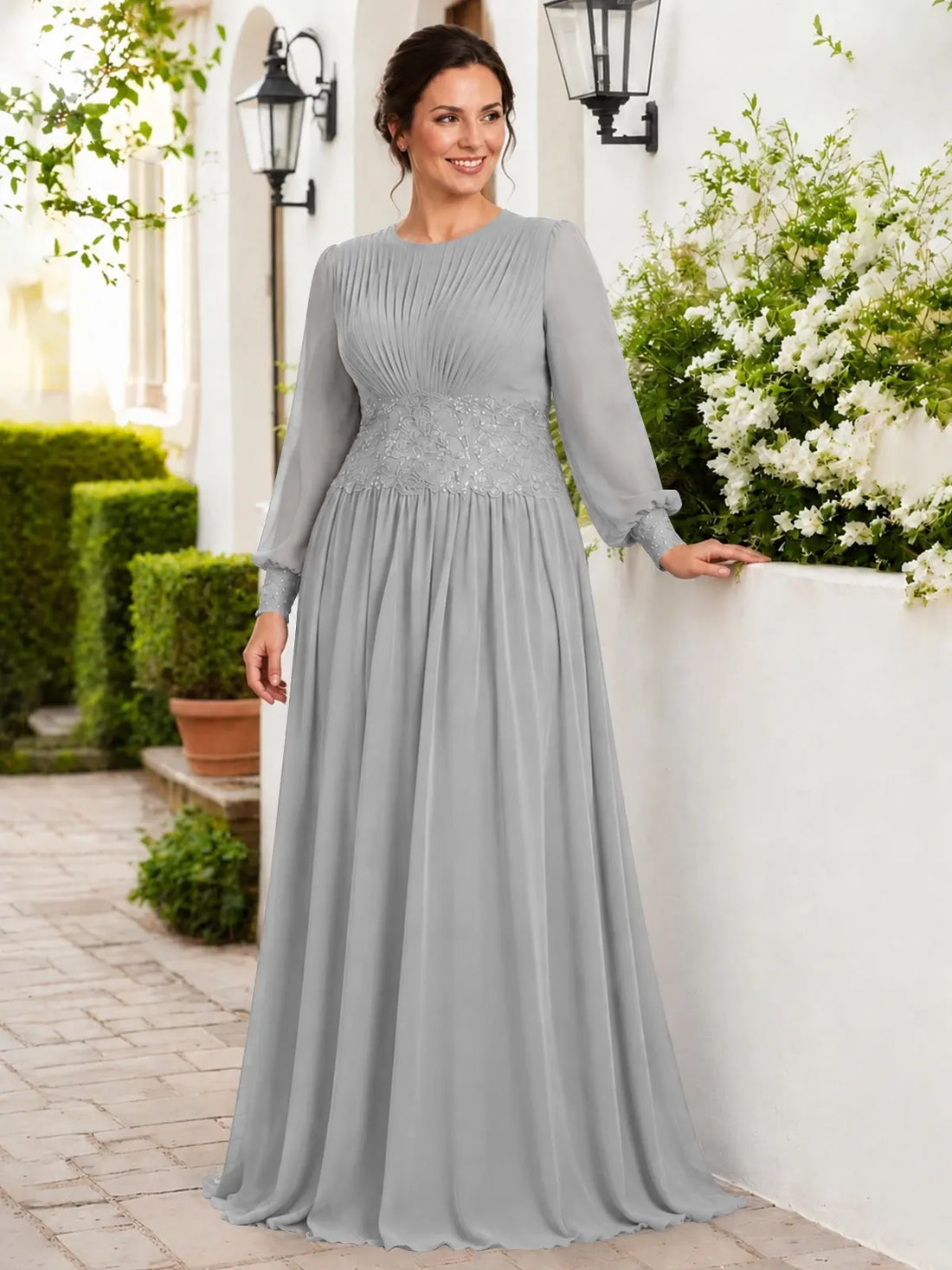 Chiffon Mother of the Bride Dress with Jewel Neckline-Plus Size 