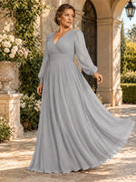 Chiffon Mother of the Bride Dress with Long Sleeves-Plus Size 
