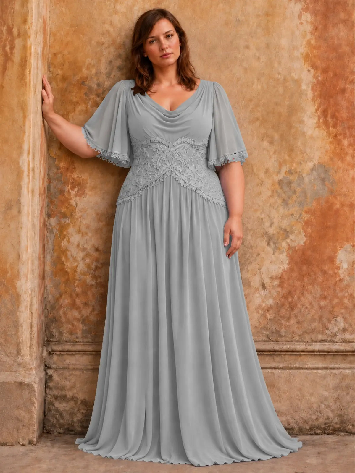Cowl Neck Mother of the Bride Dress with Applique-Plus Size 