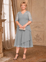 A-line Mother of the Bride Dress with Lace Sleeves-Plus Size 