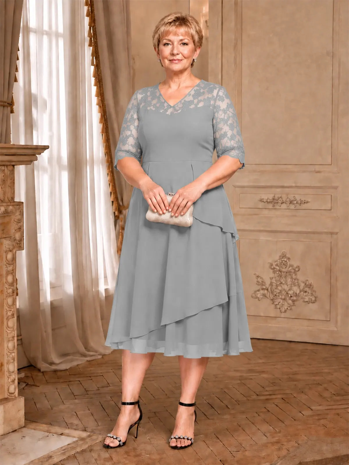 A-line Mother of the Bride Dress with Lace Sleeves-Plus Size 
