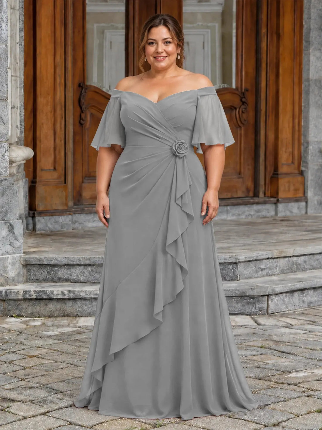 Chiffon Mother of the Bride Dress with 3D Rosette-Plus Size 