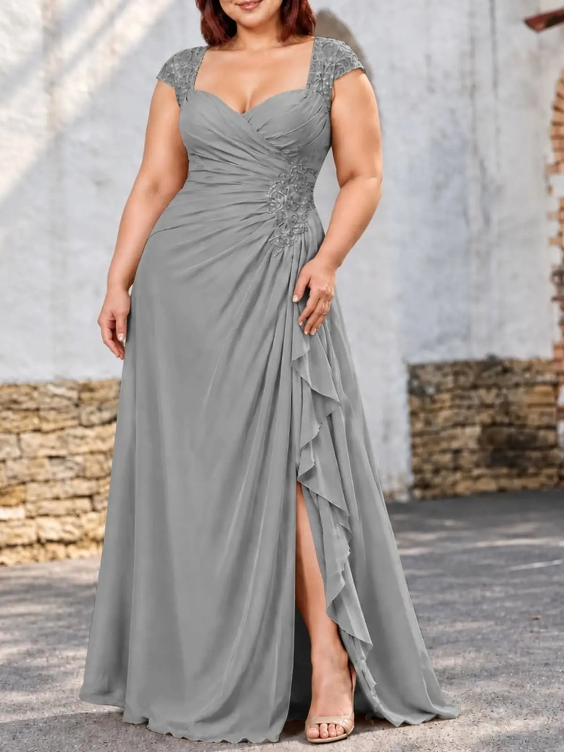 Chiffon Mother of the Bride Dress with Lace Appliques-Plus Size 