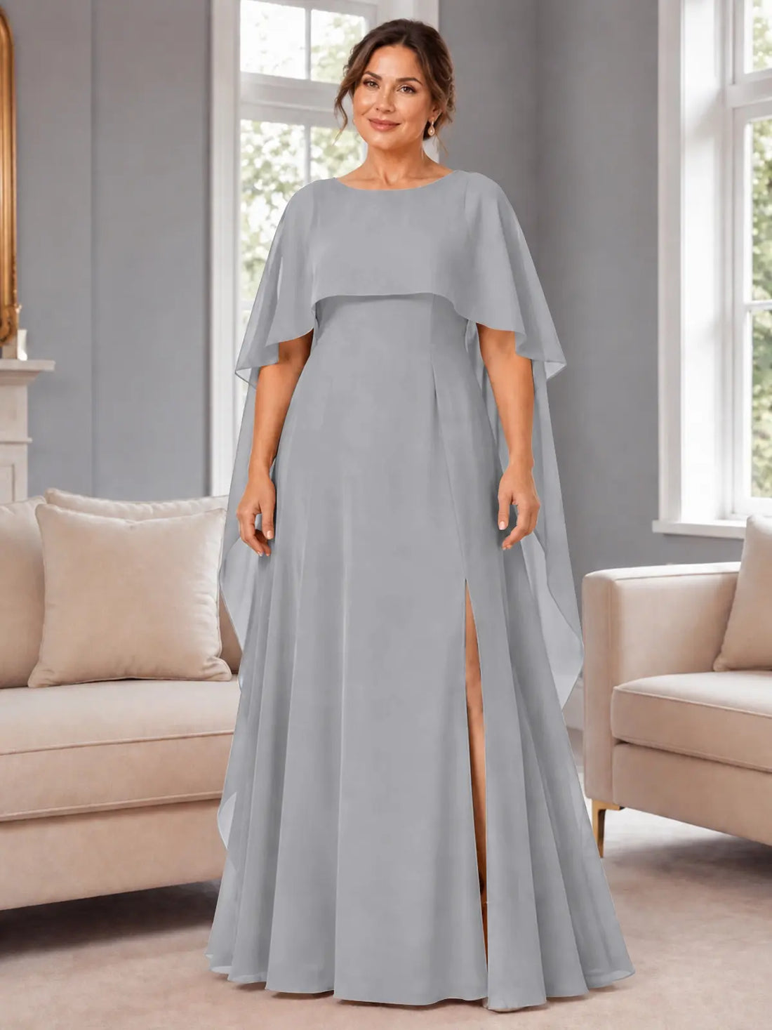 Chiffon Mother of the Bride Dress with Cape Overlay-Plus Size 