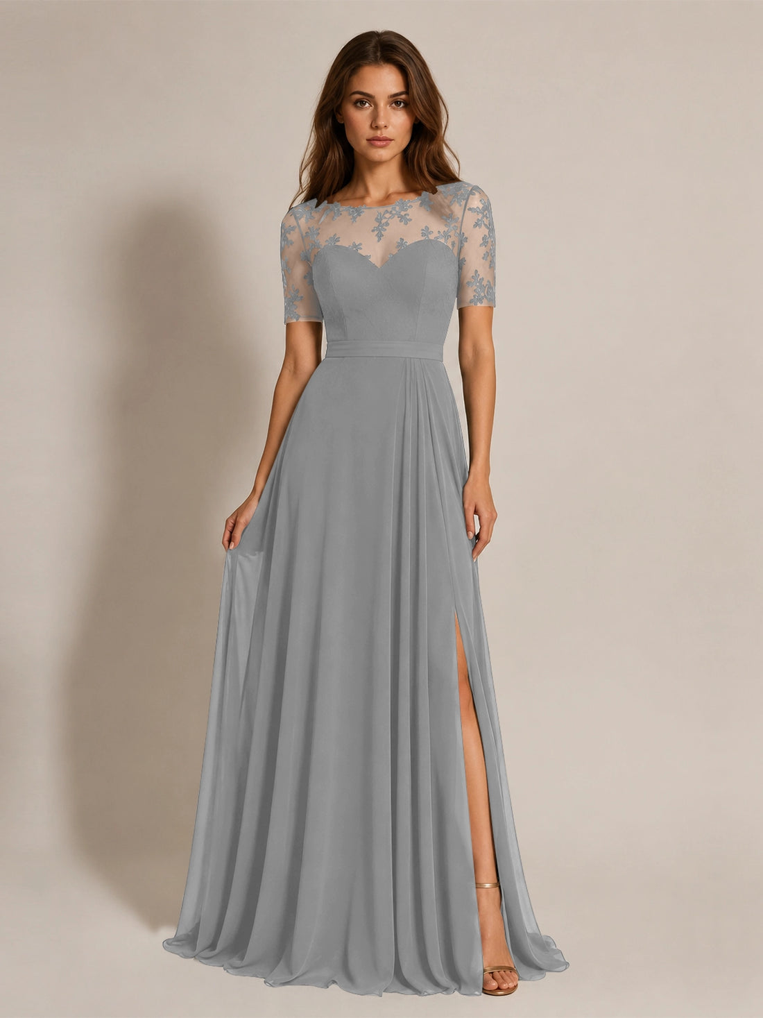 Lace Mother of the Bride Dress with Illusion Neckline 