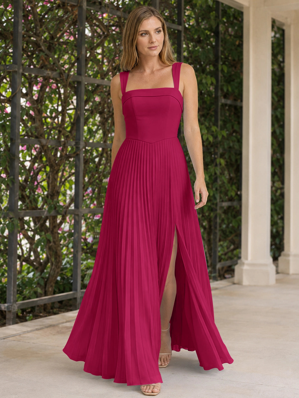 Square Neck Bridesmaid Dress with Pleated Skirt 
